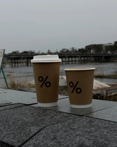 Two coffee cups by the river in Kyoto
