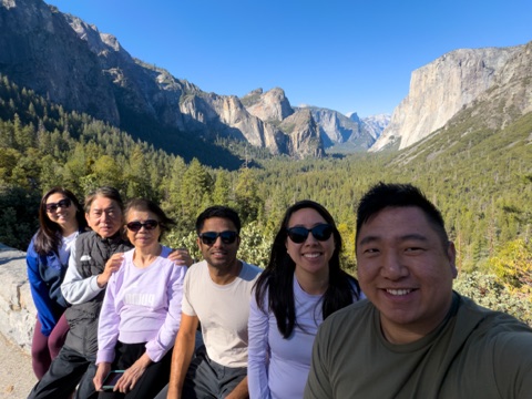 Family selfie at a Yosemite Valley overlook